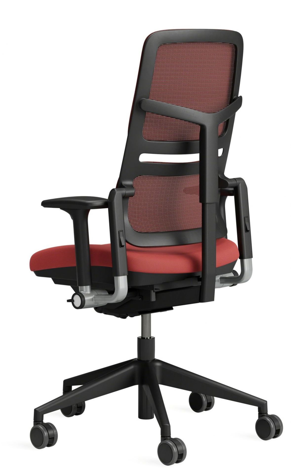 Rückansicht des Steelcase Please Air Bürostuhls mit rotem Netzrücken und schwarzen Armlehnen.