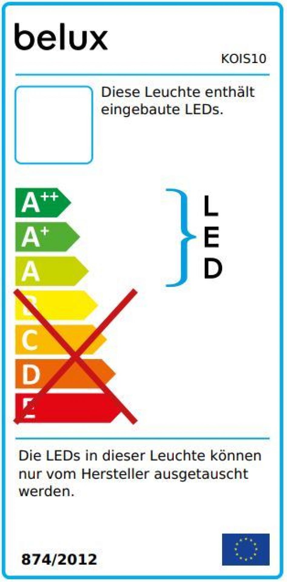 Energieeffizienzlabel der Belux Koi S LED Stehleuchte, Kennzeichnung A++ bis A, integrierte LEDs.
