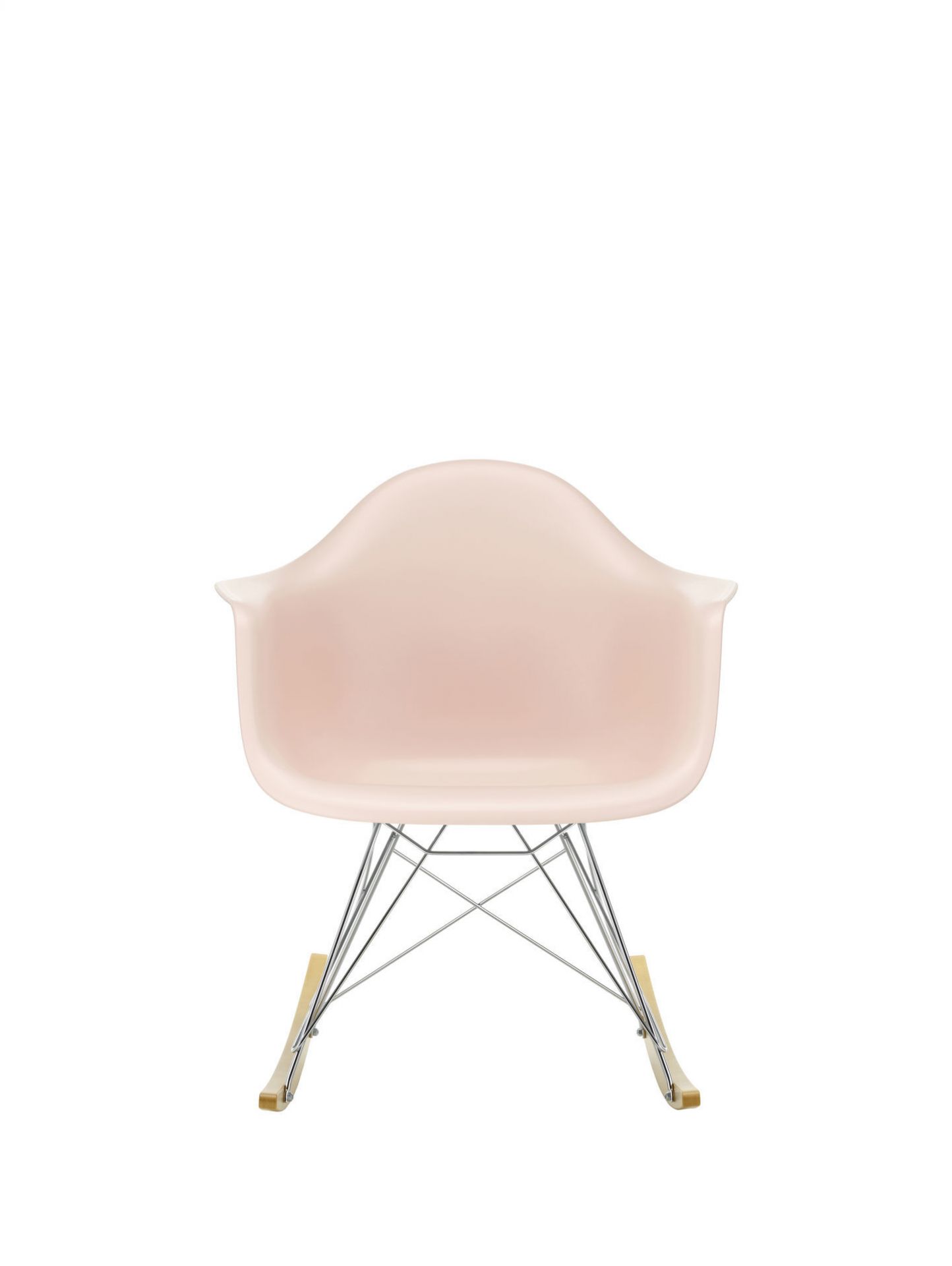Eames Schaukelstuhl RAR in Gelblich-Weiss mit Chromgestell und Ahorn-Kufen, ein Designklassiker.