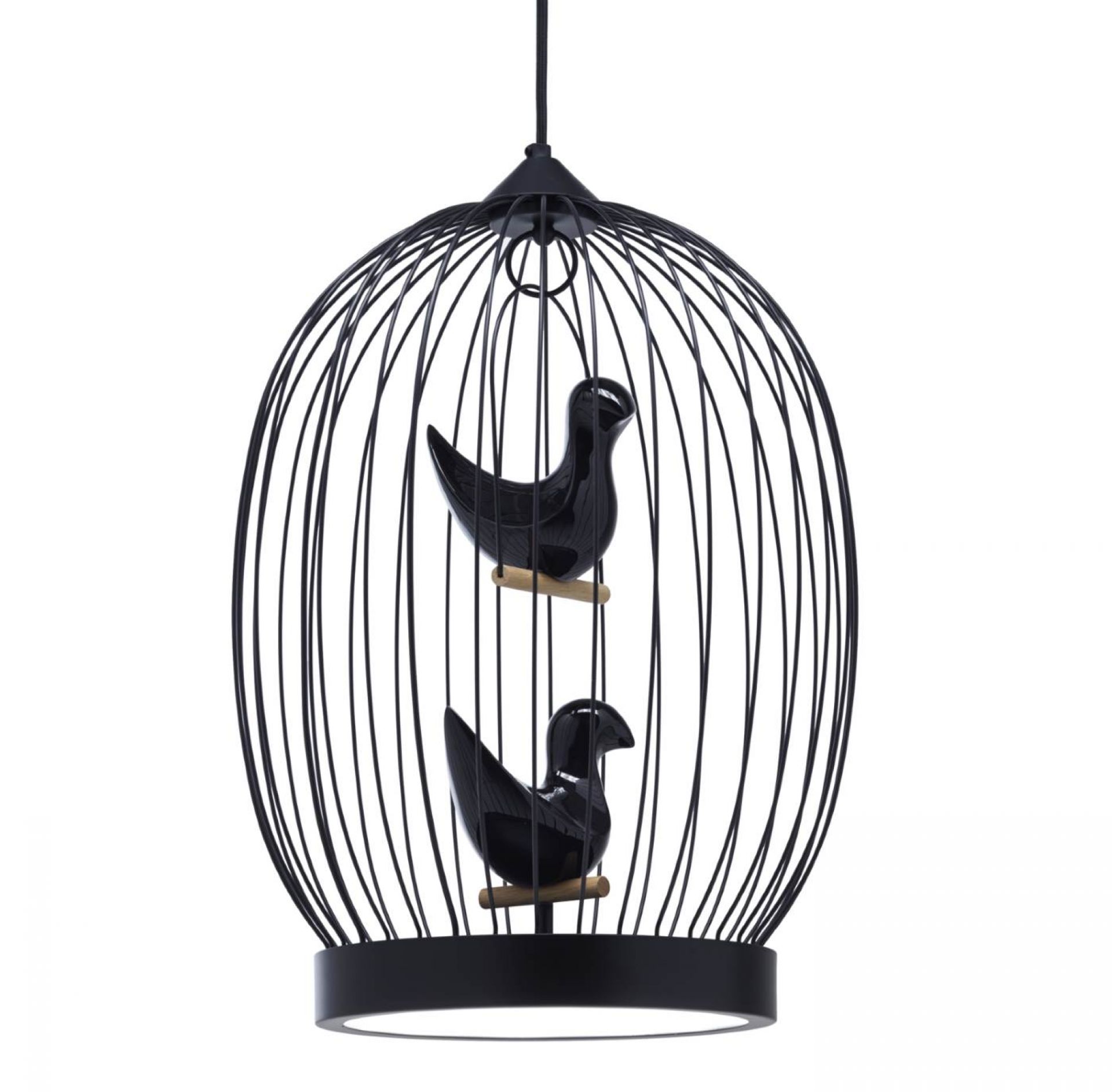 Twee T. Hängeleuchte von Casamania Horm: Schwarze Designerlampe in Form eines Vogelkäfigs mit zwei Vogel-Figuren.