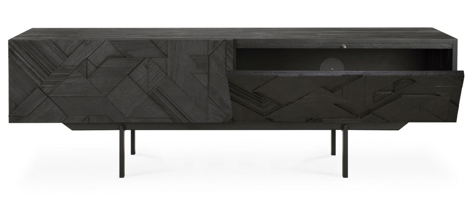 Schwarzes Graphic TV Möbel aus Teakholz von Ethnicraft mit geometrischem Muster und offenen Fach.