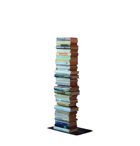 Booksbaum Regal: Freistehendes Bücherregal aus gestapelten Büchern, modernes Design für Wohnzimmer und Büro.