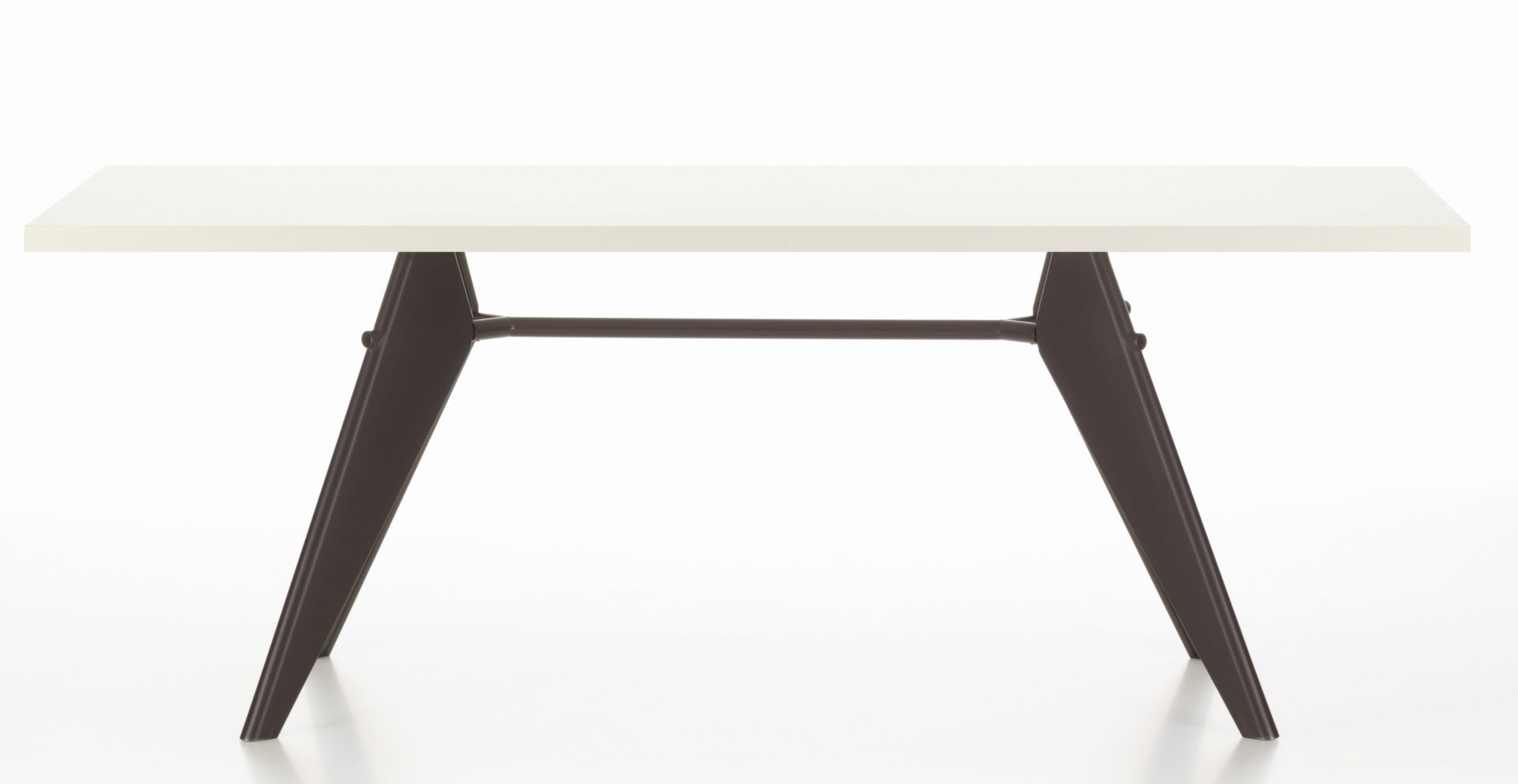 Vitra EM Table mit weißer HPL-Tischplatte und dunklem Untergestell, ideal für Esszimmer und Büro.