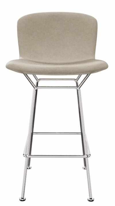 Bertoia Barhocker von Knoll International mit beigem Stoffbezug und verchromtem Stahlgestell, Frontansicht.