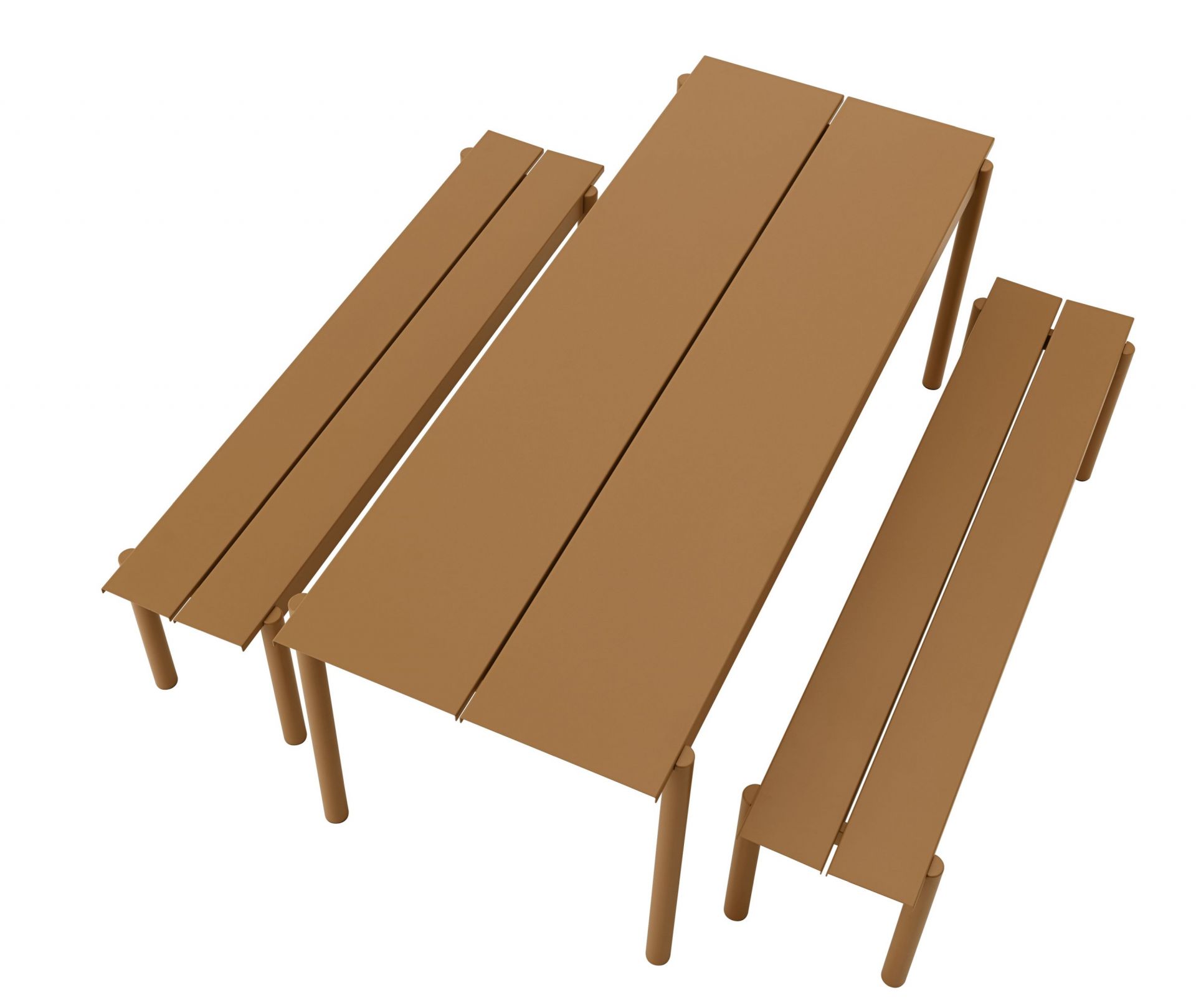 Muuto Linear Steel Outdoor Tischgruppe, grauer Gartentisch mit zwei Bänken für den Außenbereich.