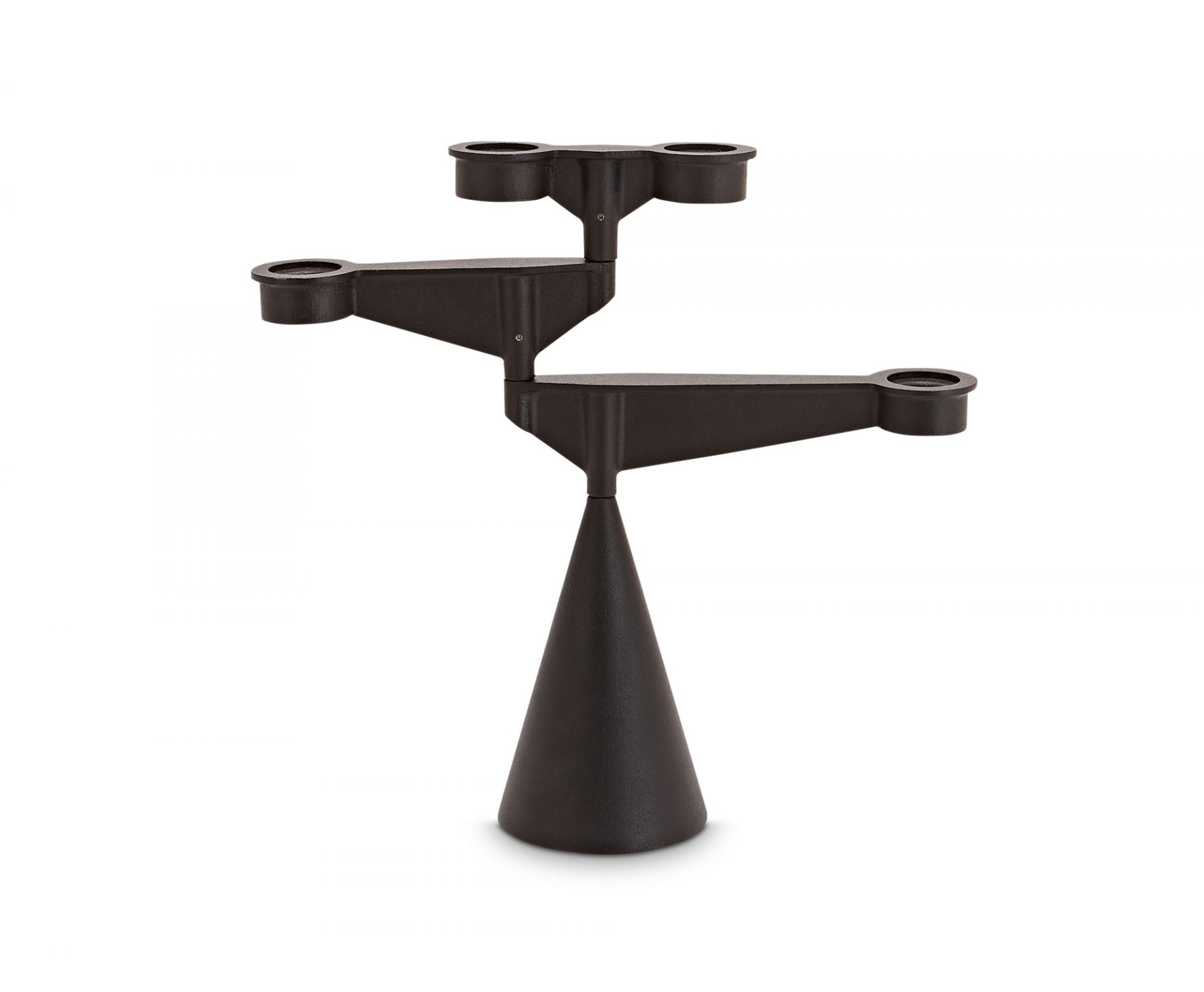 Schwarzer Spin Candelabra Kerzenständer von Tom Dixon mit drei Armen und konischem Fuß.