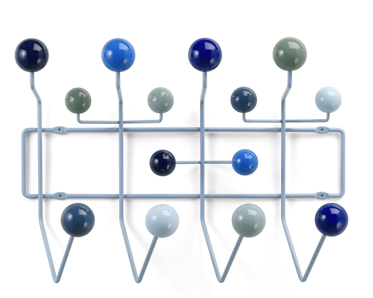 Eames Hang it all Garderobe Kühl von Vitra mit bunten Kugeln und blauem Rahmen.