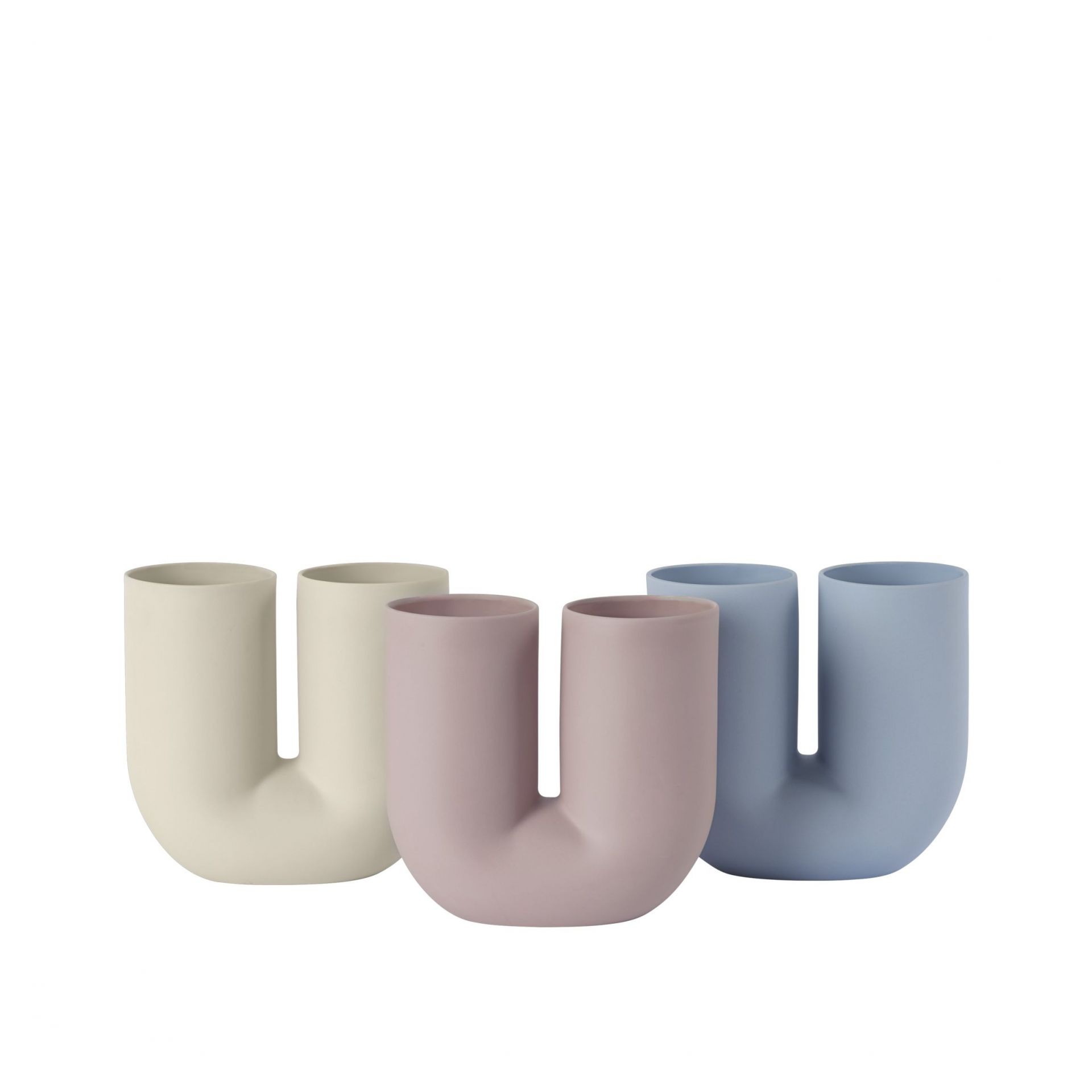 Drei Muuto Kink Vasen in Sand, Rosa und Blau, moderne Keramik Deko.