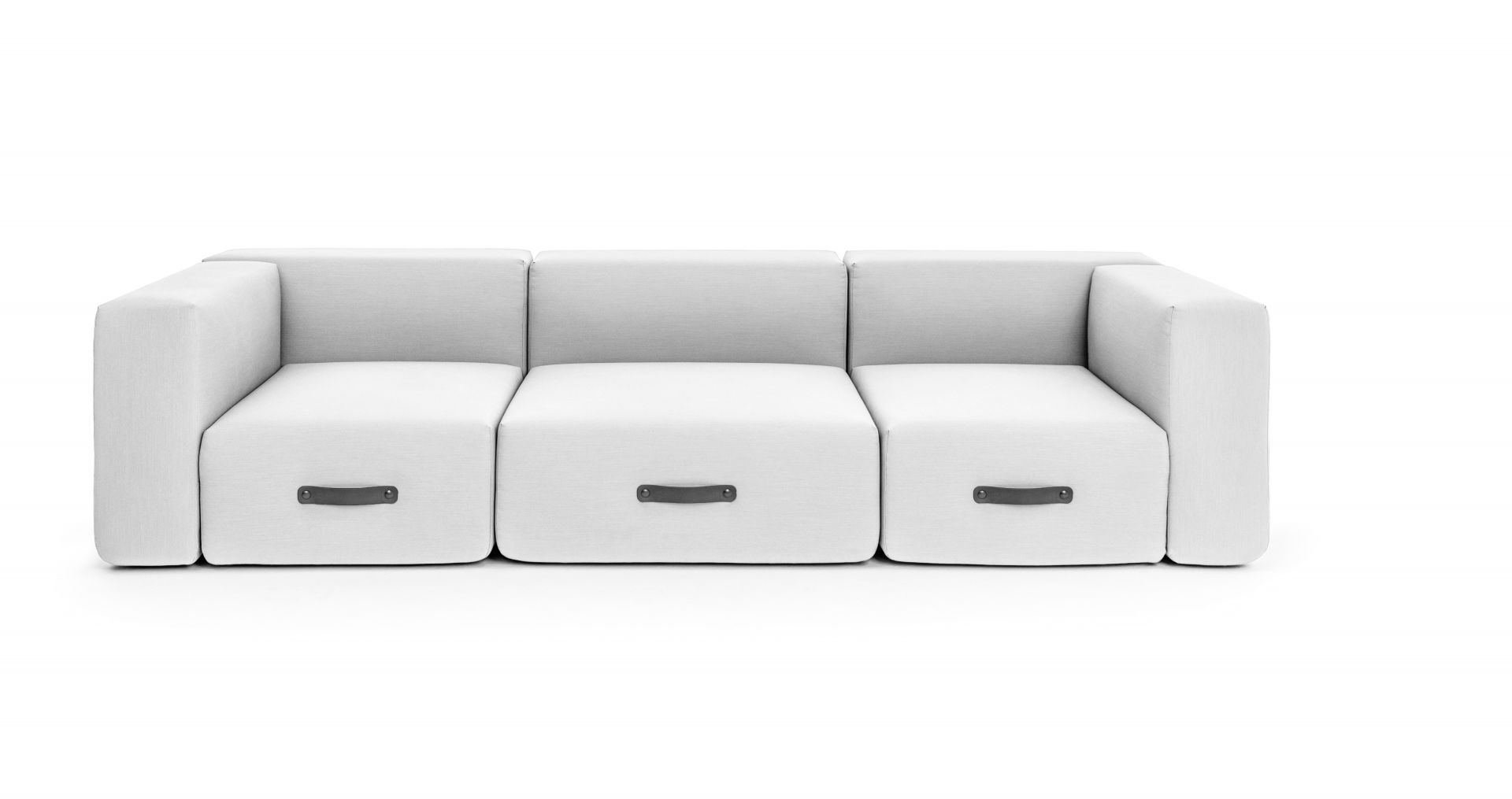 Miami Outdoor Sofa Hocker Conmoto, modernes Gartensofa mit weißen Polstern und grauen Ledergriffen.