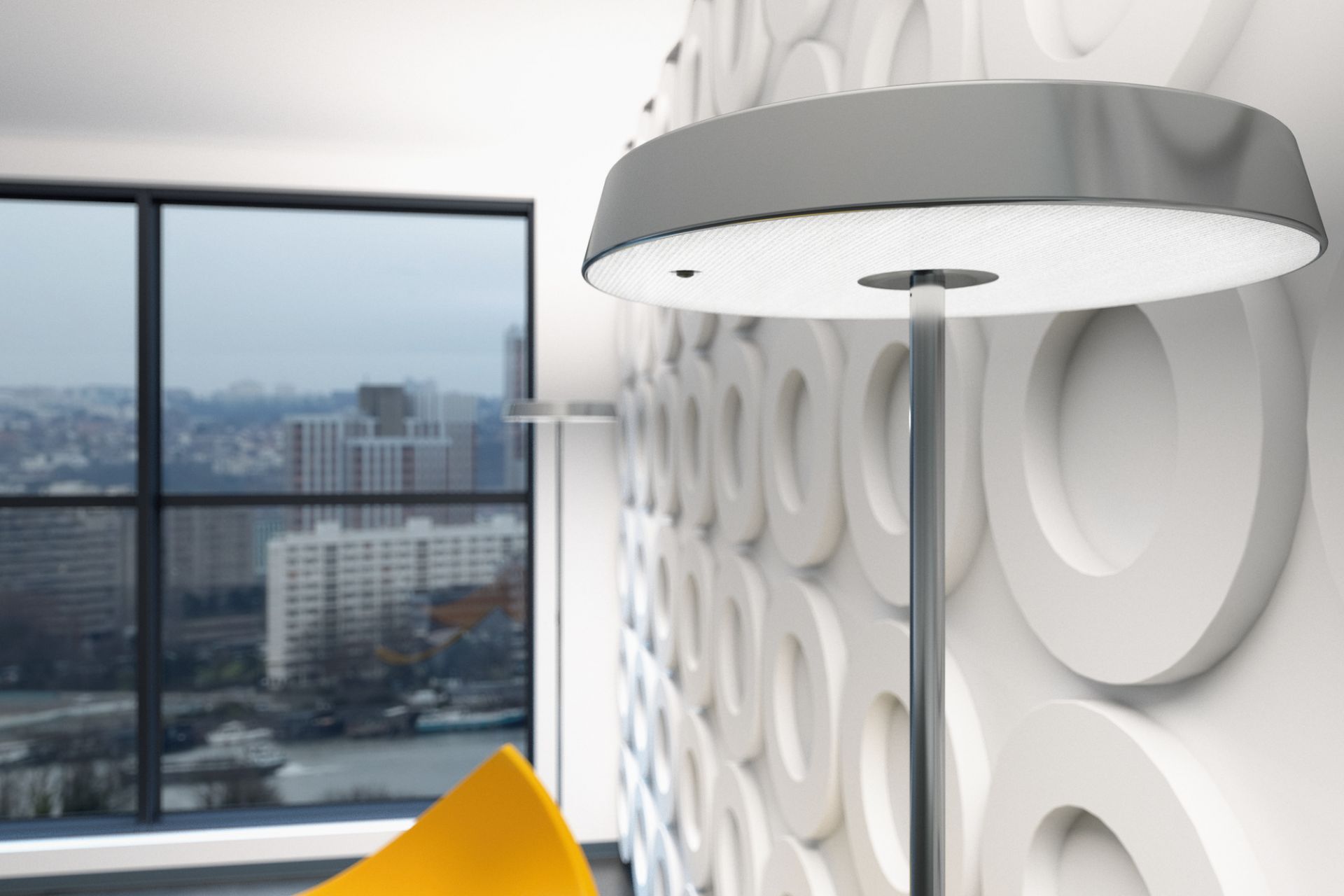 Nahaufnahme der modernen Belux Koi S LED Stehleuchte im Interieur.