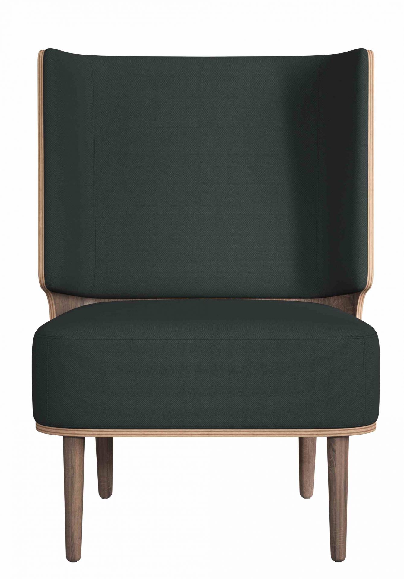 Serena Lounge Chair mit dunkel gebeiztem Eichenrahmen und grauem Stoffbezug. Sessel für Wohnzimmer.
