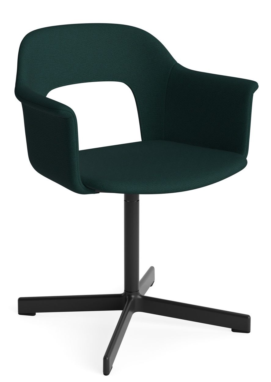 Layout Armchair von Hay, grüner Bürostuhl mit Armlehnen und schwarzem Drehfuß.