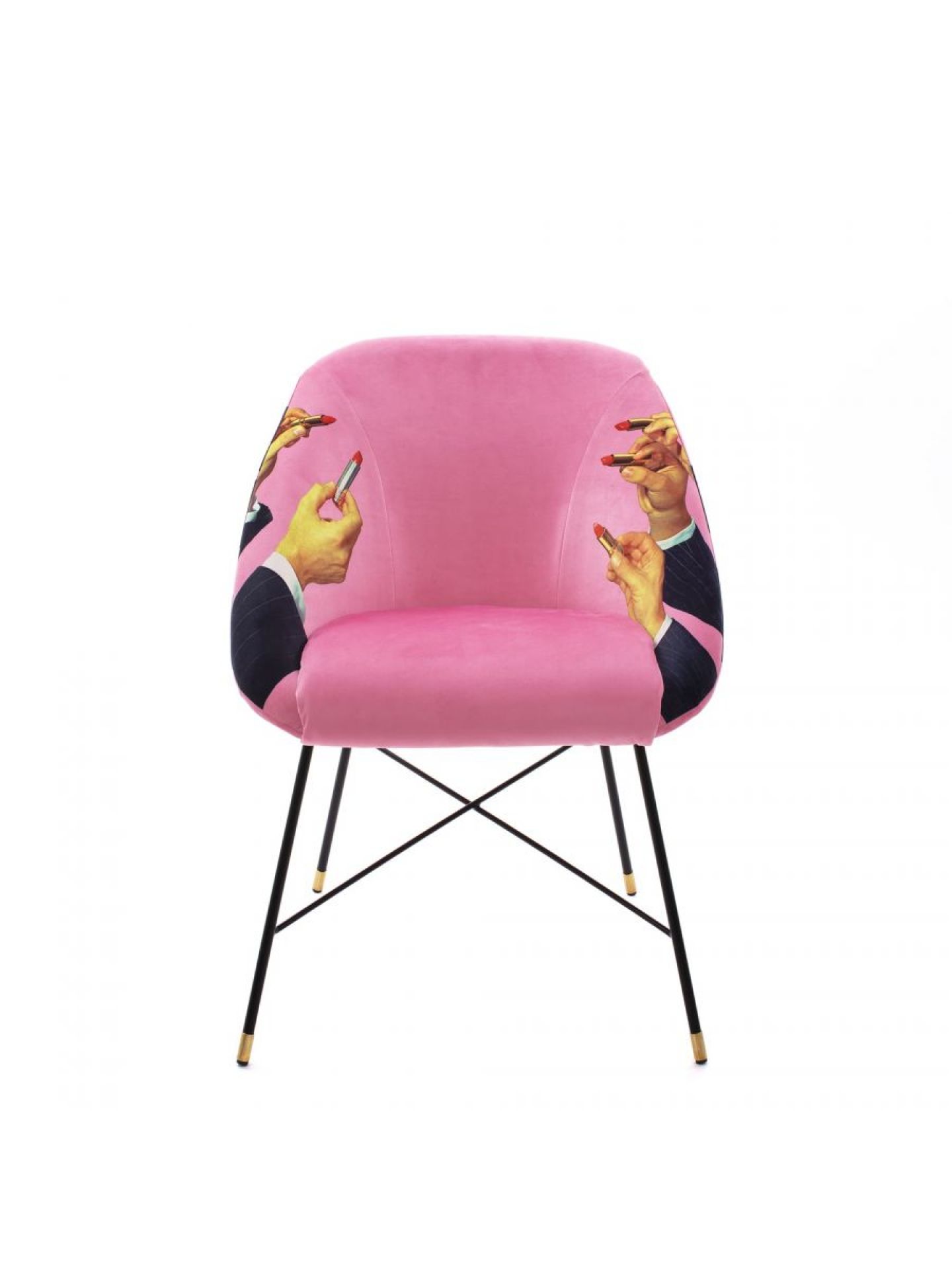 Toiletpaper Seletti Polsterstuhl mit pinkem Samtbezug und Lippenstift-Motiv, moderne Design Sitzmöbel für Wohnzimmer.