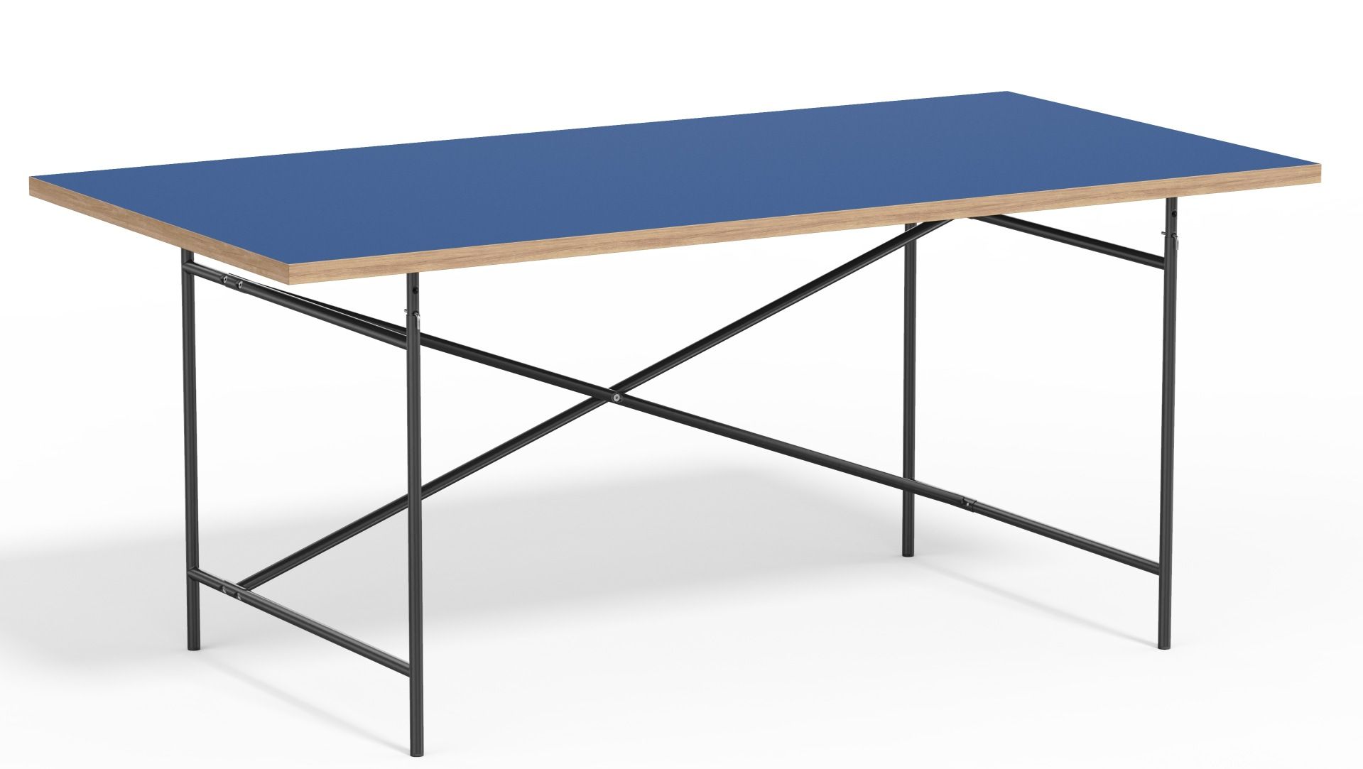 Eiermann Tisch mit blauer Tischplatte und schwarzem Stahlgestell, ein moderner Schreibtisch für Büro und Zuhause.