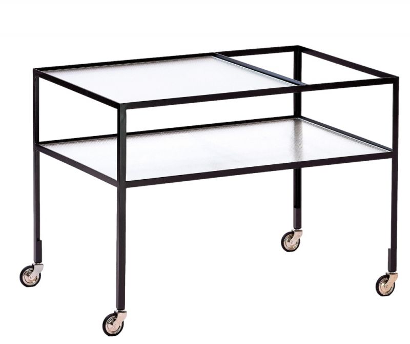 Barwagen von Richard Lampert mit zwei Glasablagen und schwarzem Metallgestell auf Rollen.