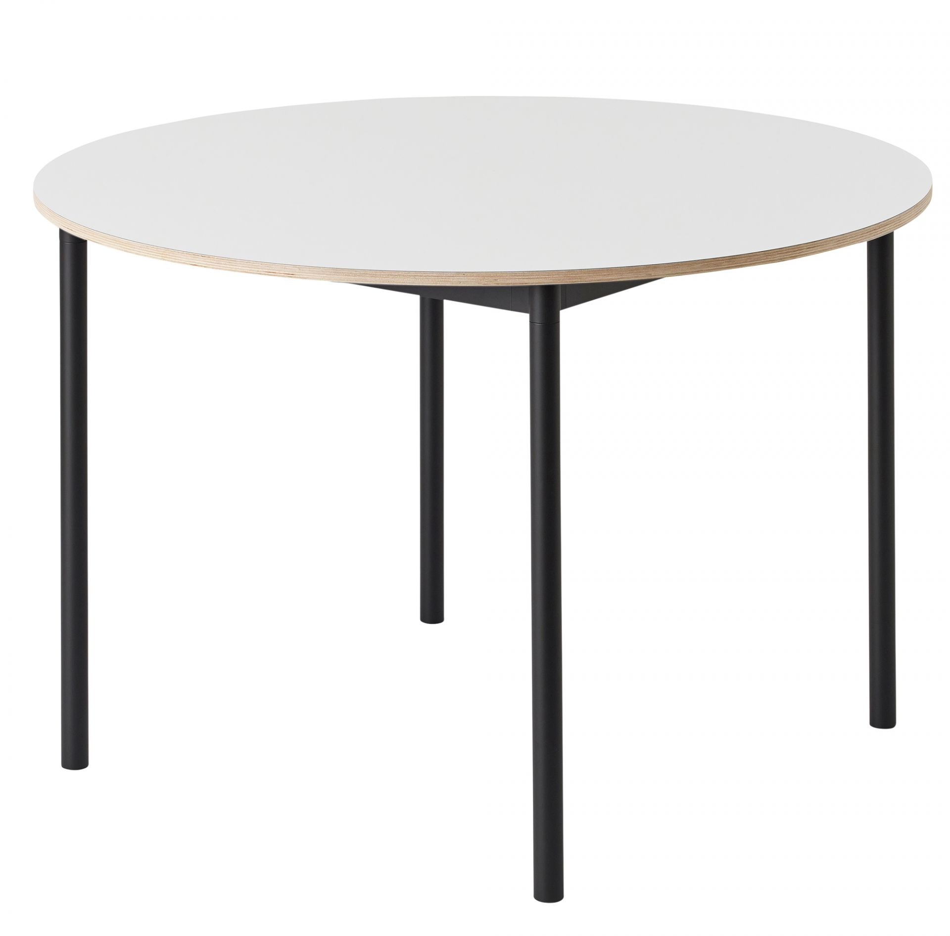 Muuto Base Table: Runder Esstisch mit weißer Tischplatte und schwarzen Beinen. Moderner Design Tisch.