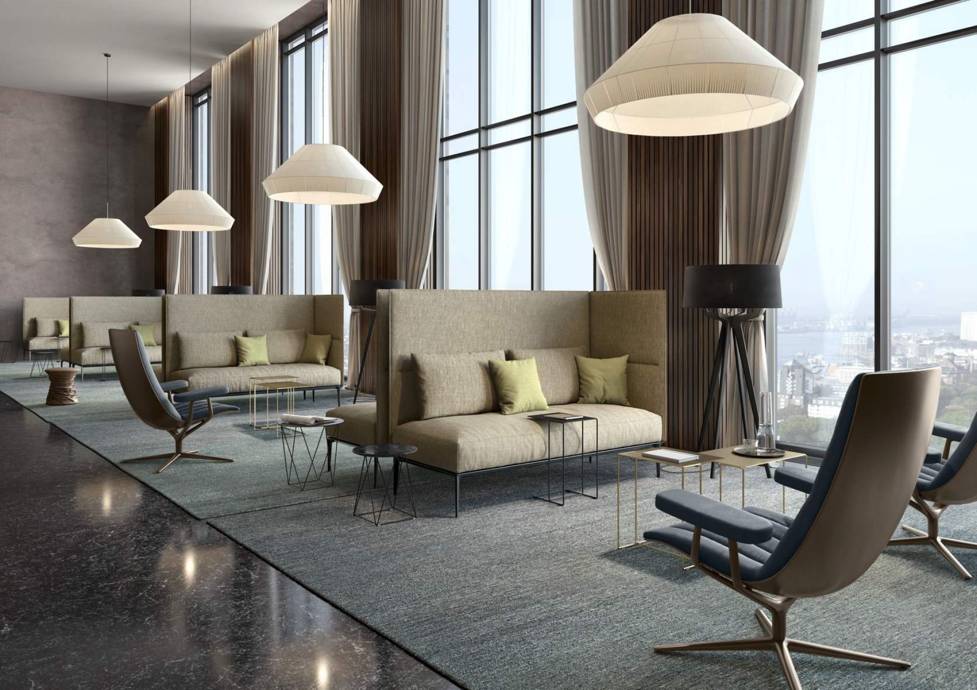 Legends of Carpets Teppich Walter Knoll in einem modernen Büro mit Lounge-Bereich und großen Fenstern.