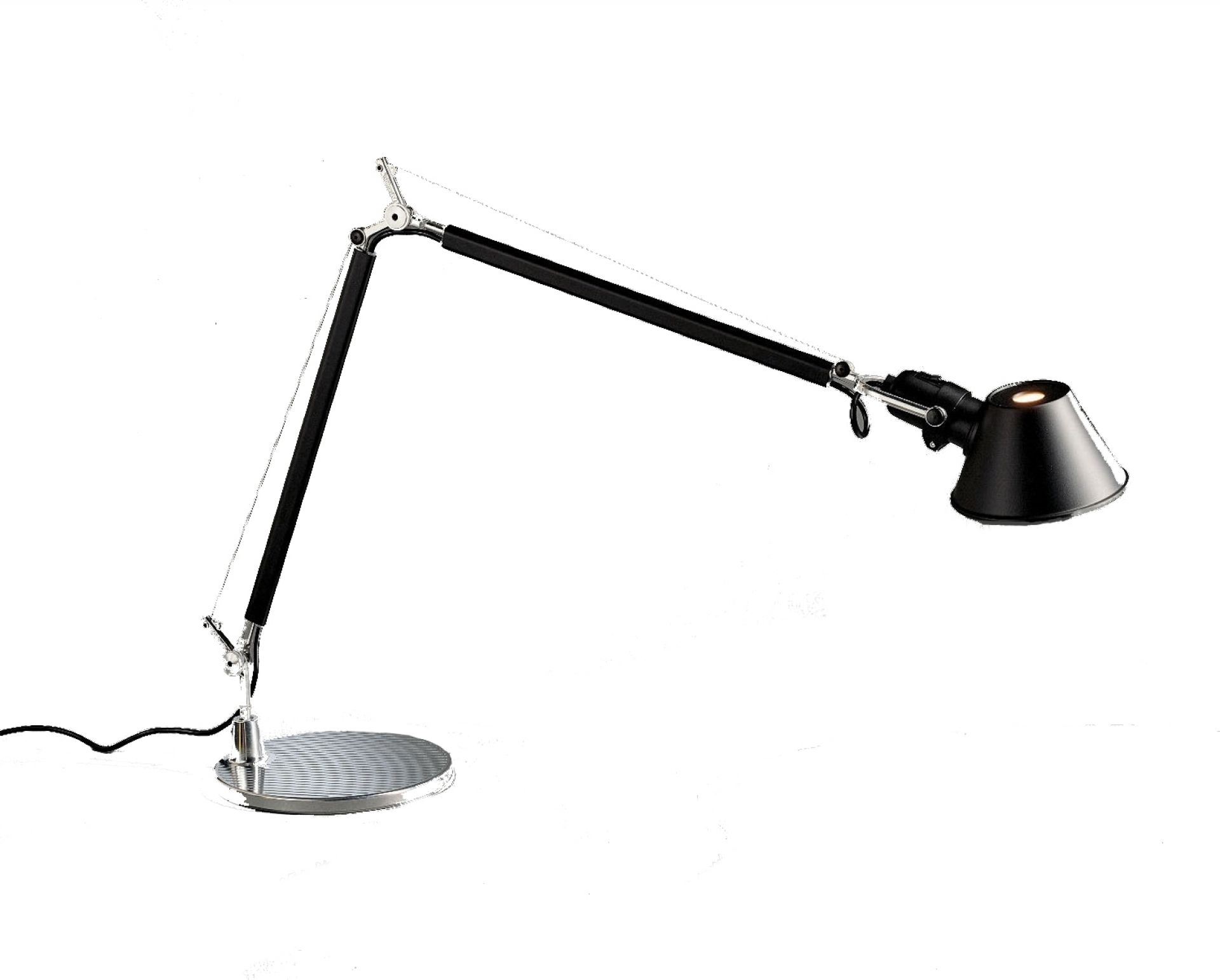 Schwarze Tolomeo Tischleuchte von Artemide mit verstellbarem Arm und silberfarbenem Fuß für den Schreibtisch.