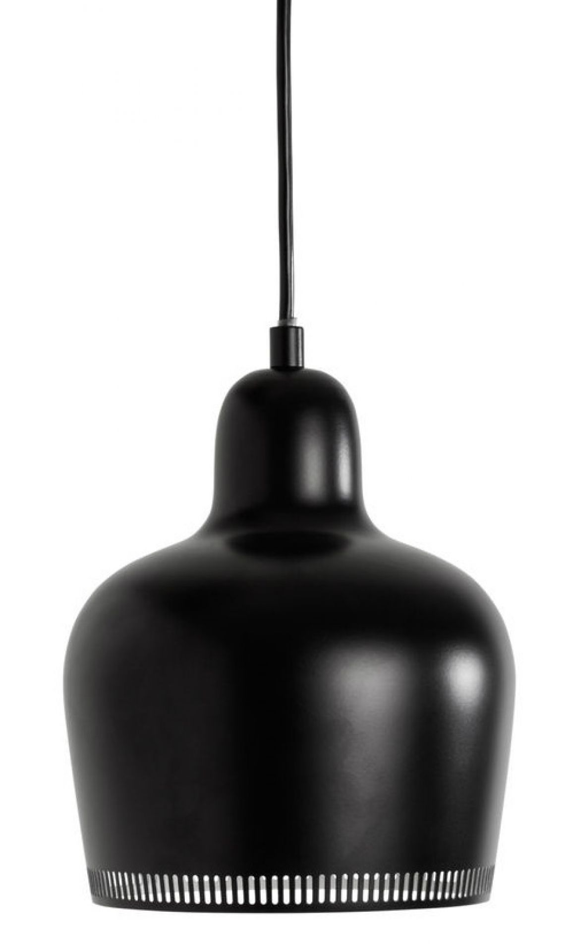 Schwarze A330S Pendelleuchte von Artek mit schlichtem Design und filigranen Details am unteren Rand.