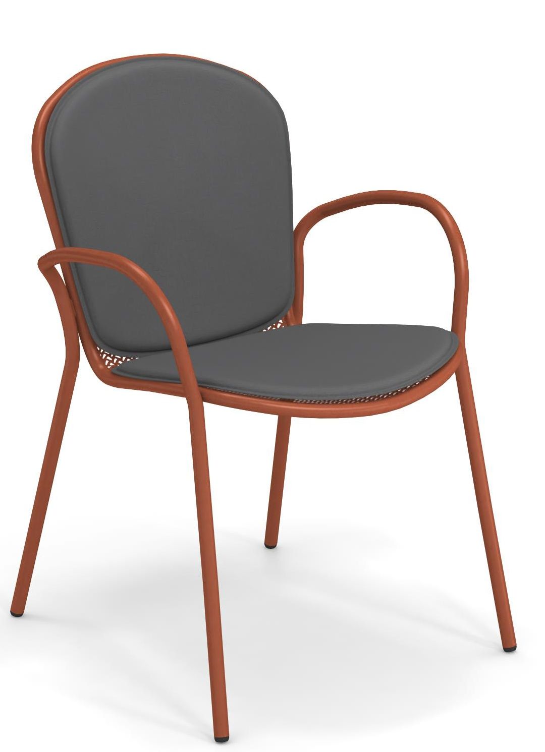 Ronda X Stuhl von Emu, Outdoor-Stuhl mit Armlehnen und grauer Sitzfläche, Gestell Terrakotta.