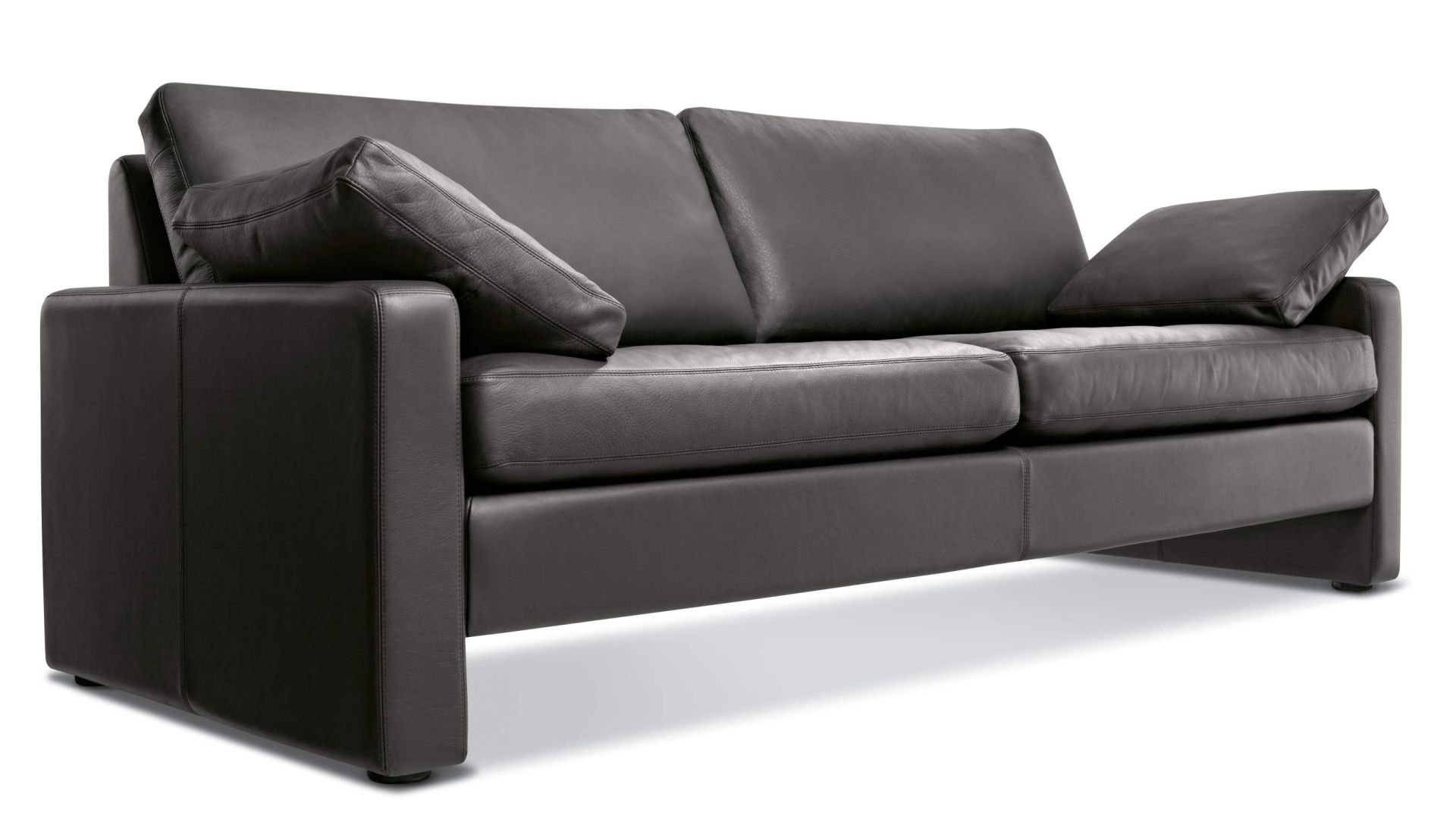 Conseta Sofa in dunklem Leder mit zwei Sitzelementen und losen Kissen.