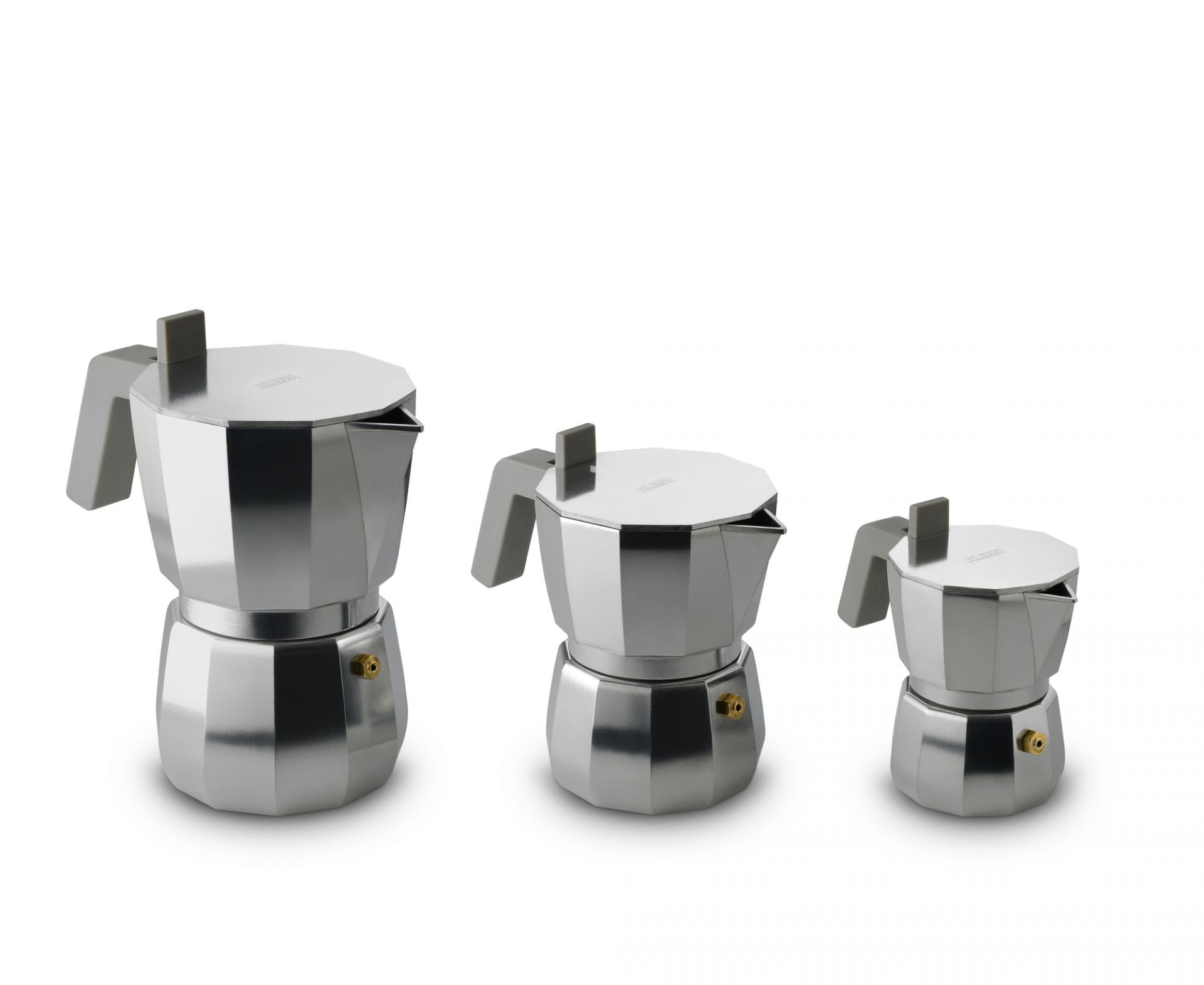 Drei Alessi Moka Espressokocher in verschiedenen Größen, aus Aluminium, für italienischen Kaffee.