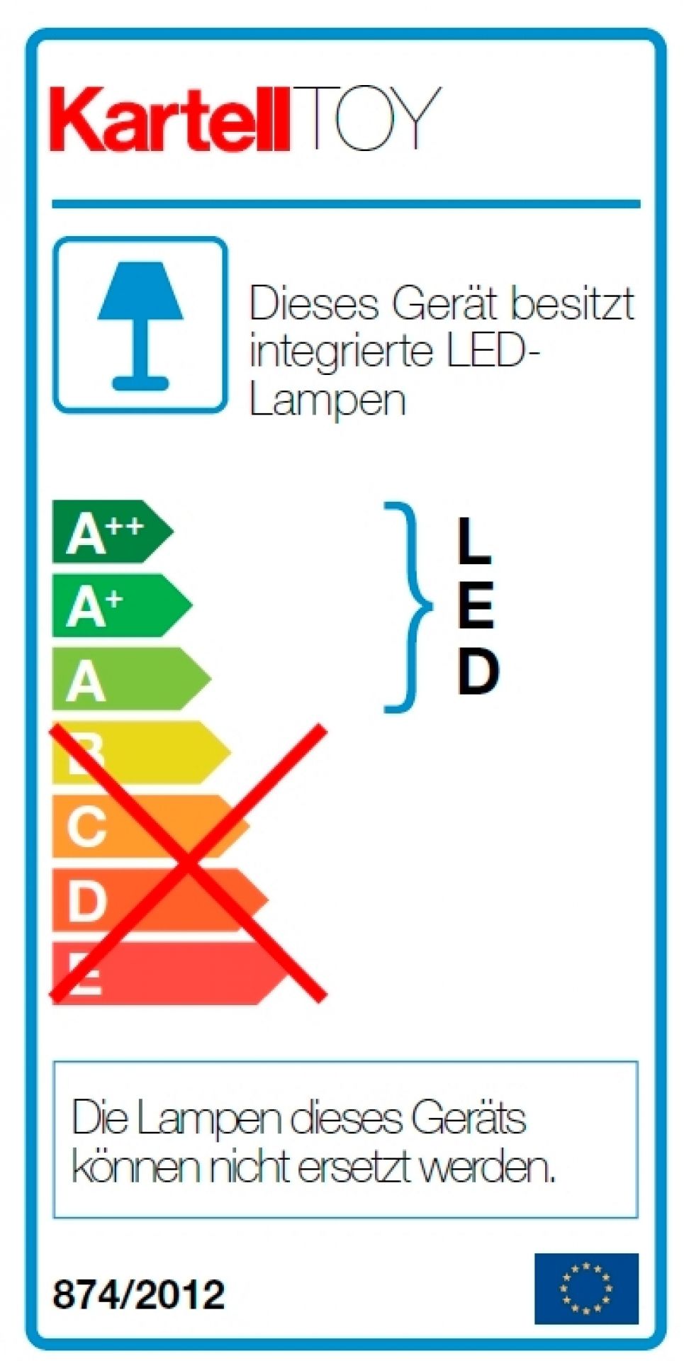Energieeffizienzlabel der Kartell Toy Tischleuchte mit integrierten LED-Lampen, die nicht ausgetauscht werden können.