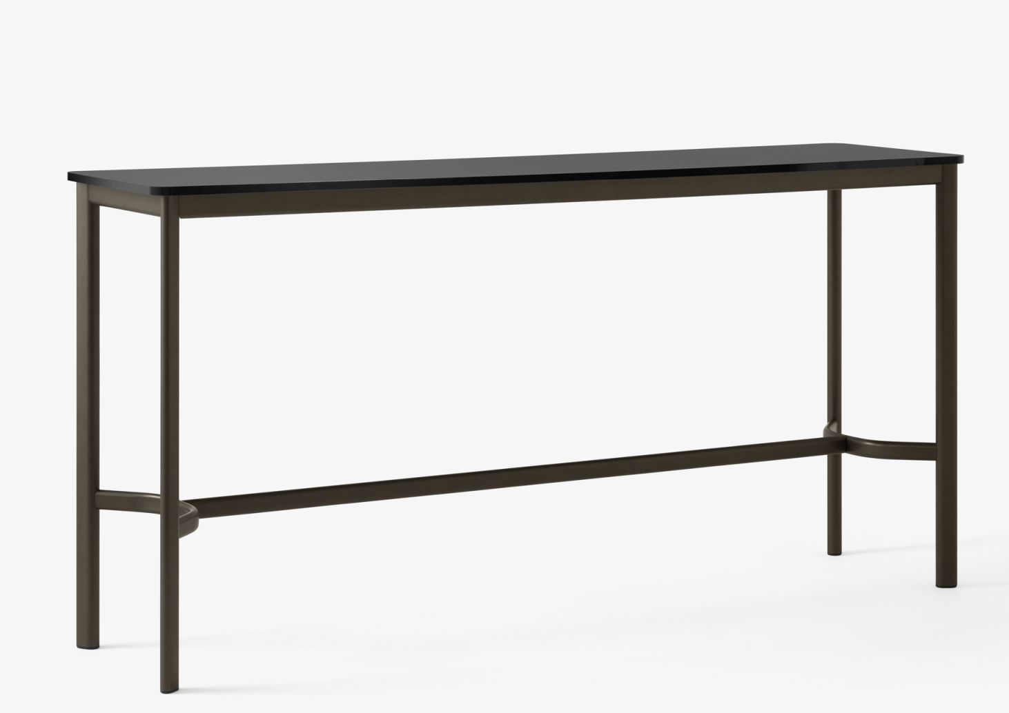 AndTradition Drip Stehtisch mit schwarzer Tischplatte und dunkelbraunem Metallgestell, ideal für moderne Büros.