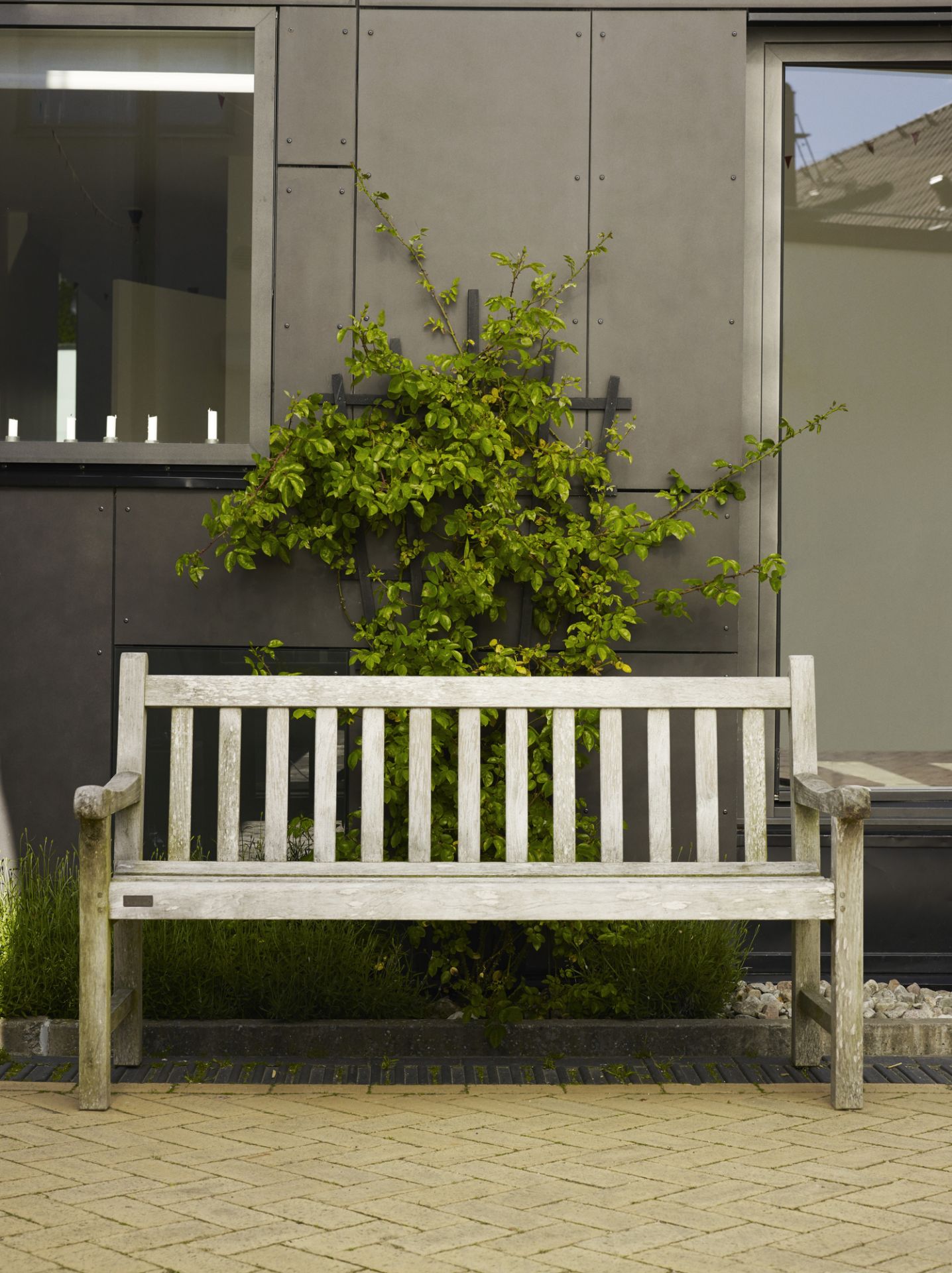 Helle Holzbank "England Bench" von Skagerak im Außenbereich vor Hauswand mit Grünpflanzen.