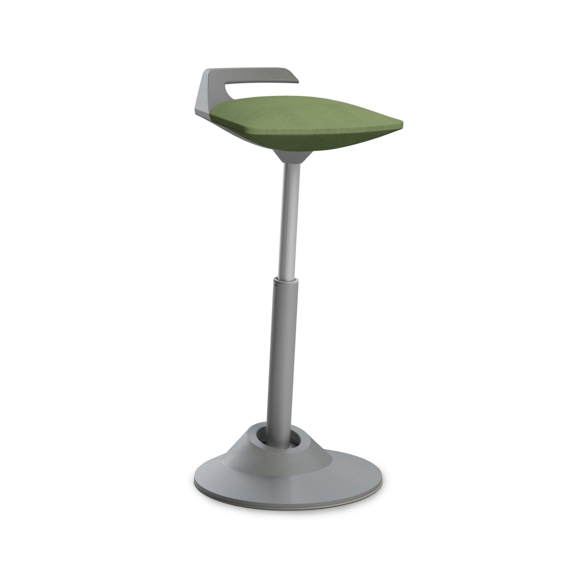 Ergonomischer Steh-Sitz-Hocker in Grau mit grünem Sitzpolster für dynamisches Sitzen im Büro oder Homeoffice.