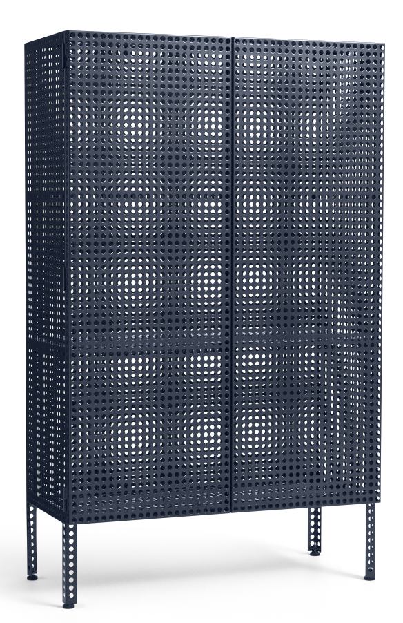 Dunkelblaues Hay Sideboard "Perforated Cabinet Floor Large" mit Lochmuster und vier Füßen.