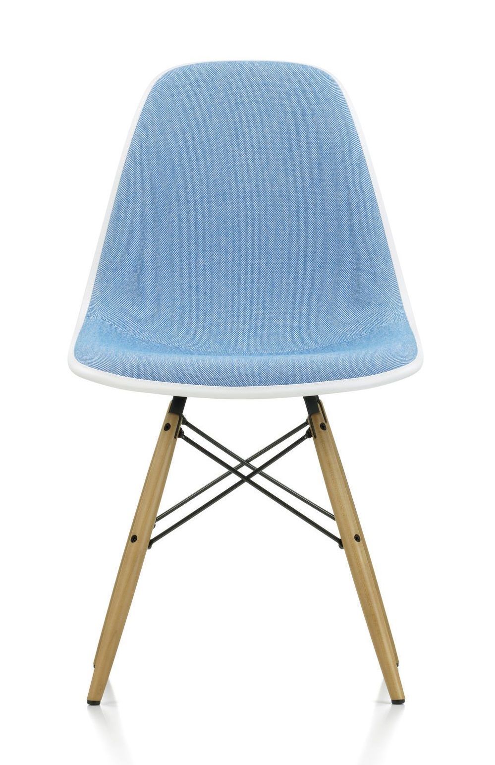 Eames Stuhl DSW mit blauem Vollpolster und Ahorn-Holzgestell von Vitra. Designklassiker für Esszimmer.