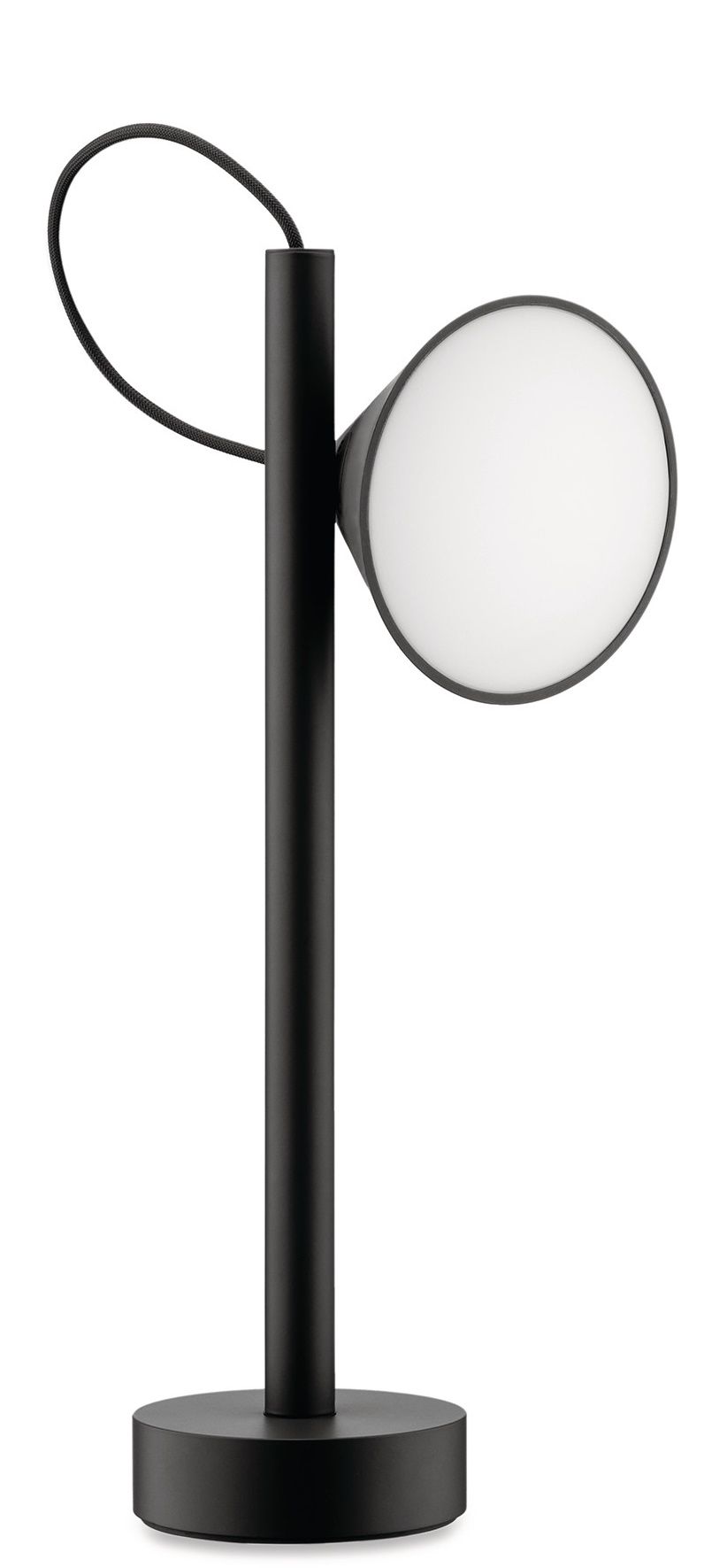 Schwarze Alessi Tsumiki Akku Leuchte ME01, tragbare Tischleuchte mit rundem Lampenschirm und Ladekabel.