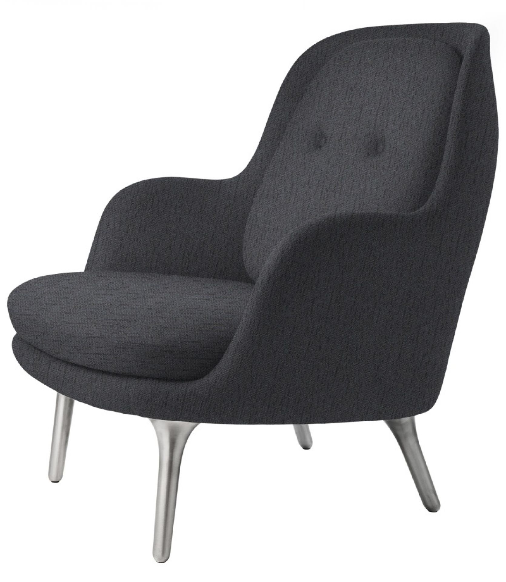 Grauer Fri Sessel von Fritz Hansen mit Armlehnen und silberfarbenen Beinen. Design Sessel für Wohnzimmer.