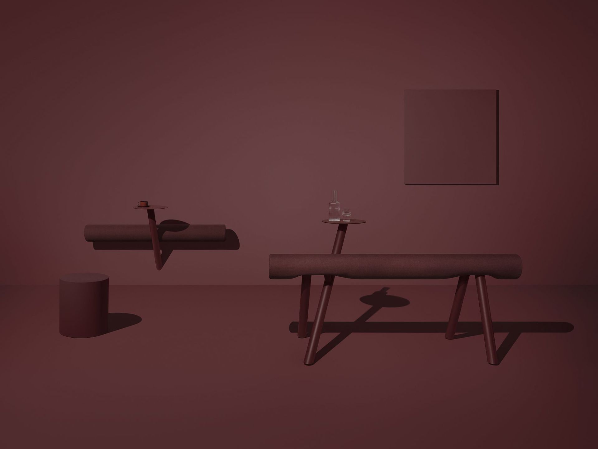 Lumber Wall Sitzmöbel von Mizetto in Bordeauxrot, minimalistisches Design mit Hocker und Wandbild.