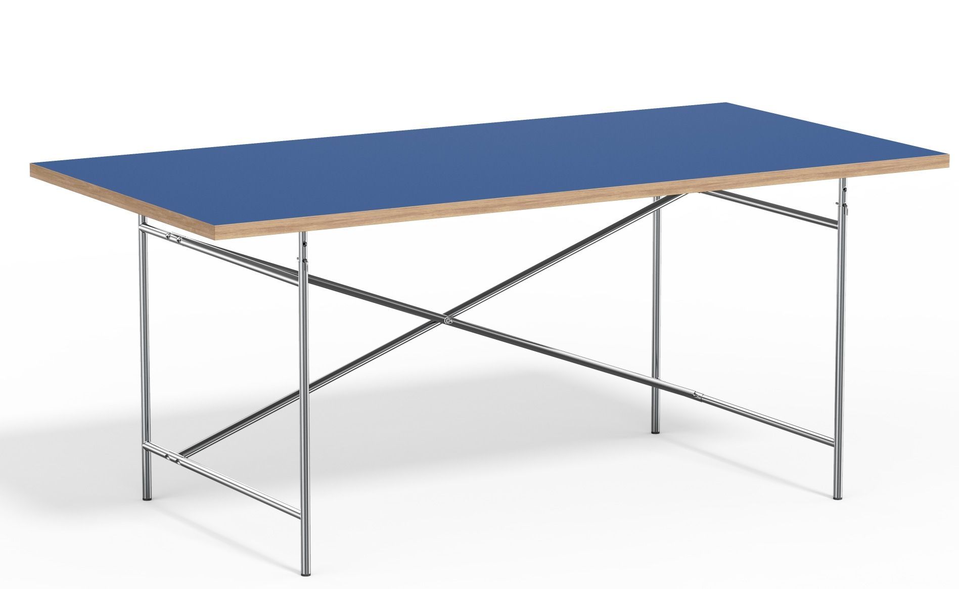 Eiermann Tisch mit blauer Tischplatte und verchromtem Stahlgestell, Designklassiker von Richard Lampert.