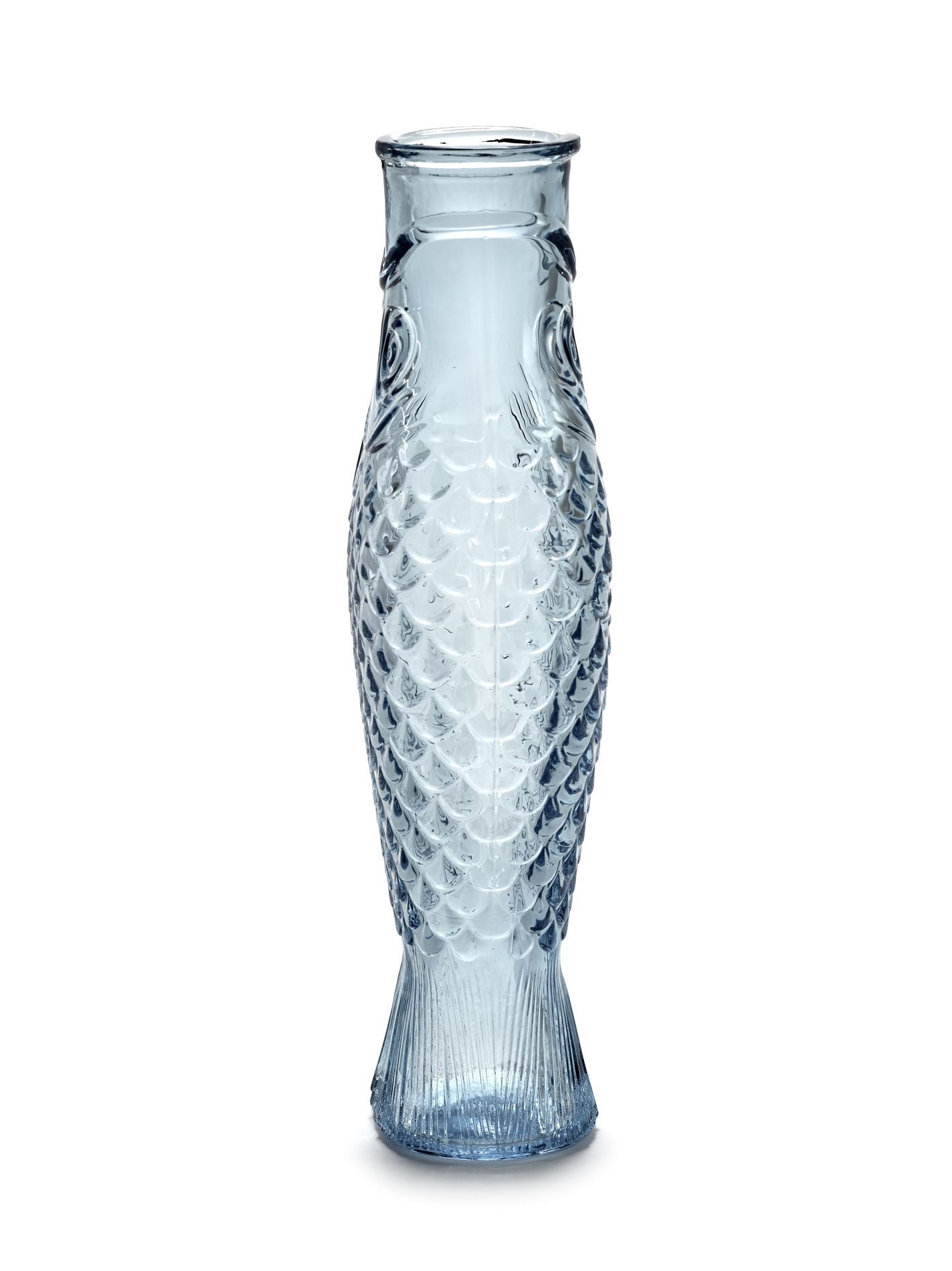 Blaue Serax Flasche in Fischform, dekorative Glasvase für Blumen und Pflanzen.