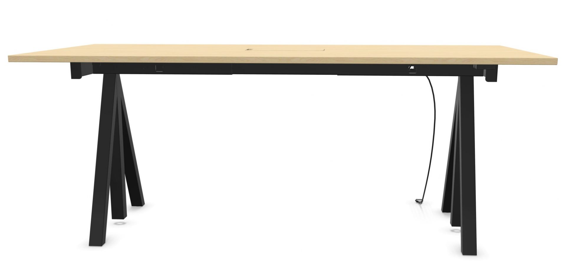 Wordesk Table Schreibtisch von String Furniture mit hellem Holz und schwarzem, modernem Untergestell.