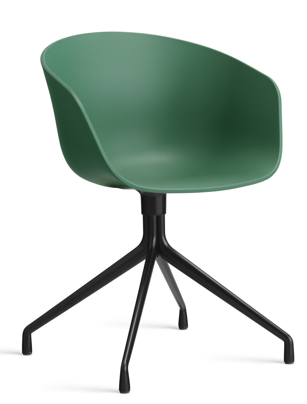Grüner About A Chair AAC20 Stuhl von Hay mit schwarzem Drehgestell und Armlehnen, modernes Design.