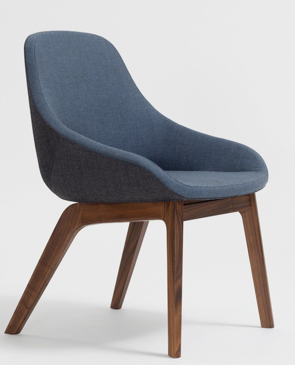 Morph Dining Chair Stuhl Zeitraum: Blauer Polsterstuhl mit dunklem Holzgestell für Esszimmer und Wohnbereich.
