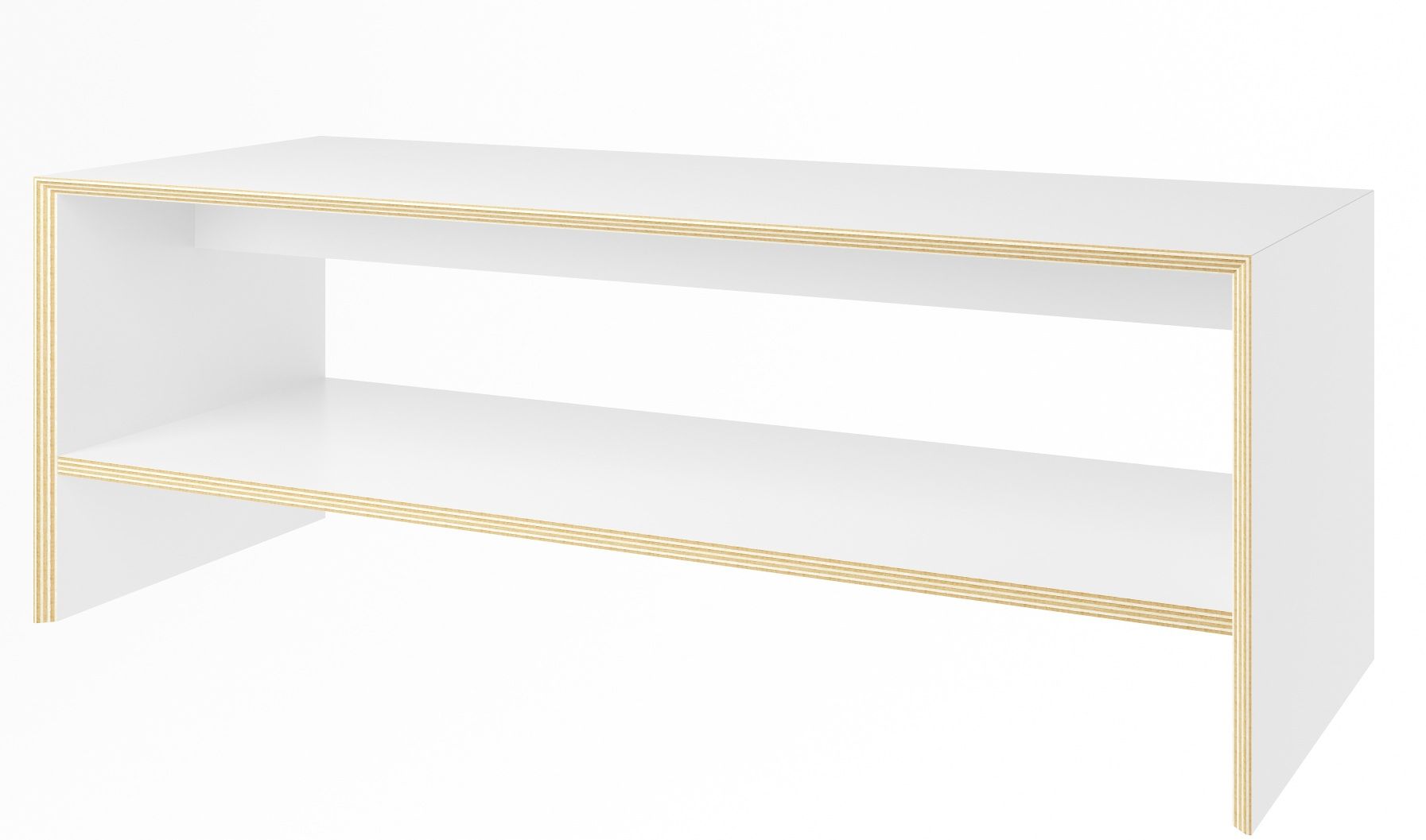 Weiße Bridge Sitzbank/Beistelltisch von Müller Möbelwerkstätten mit zwei Ebenen und hellem Holzdekor an den Kanten.