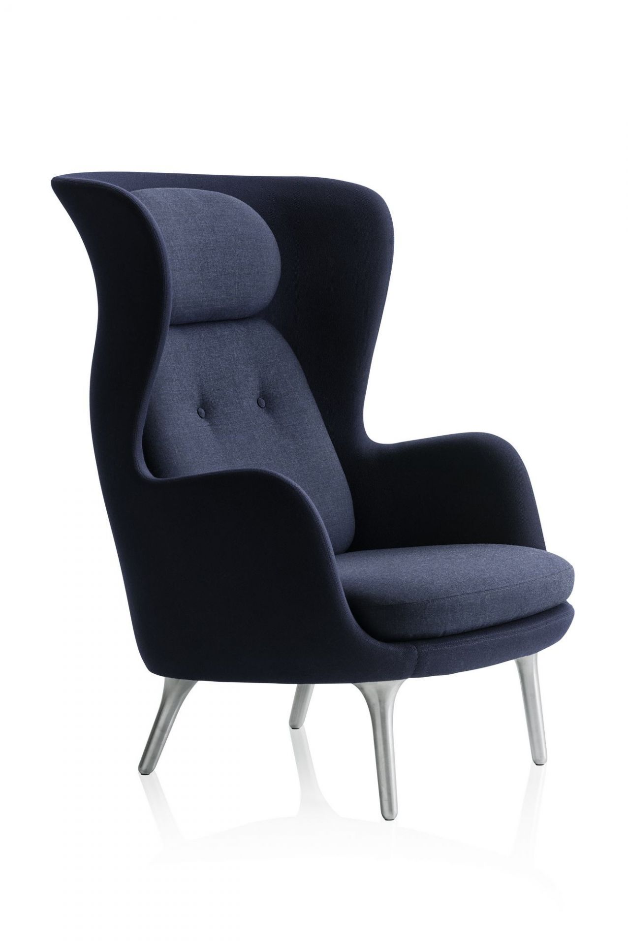 Ro Sessel von Fritz Hansen aus blauem Stoff mit Aluminium-Beinen, moderner Ohrensessel für Wohnzimmer.