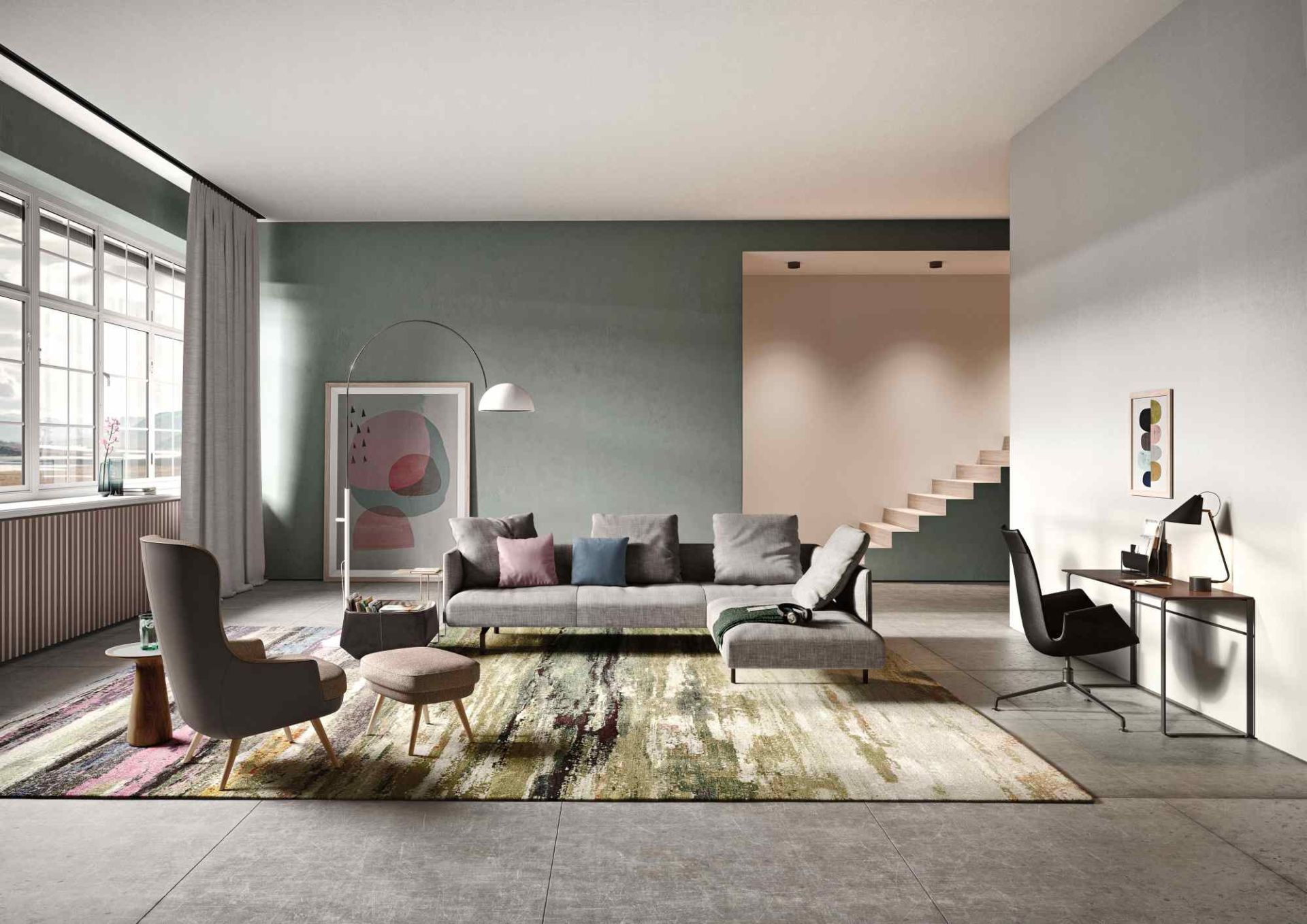 Wohnzimmer mit Muud Sofa von Walter Knoll, Sessel, Teppich und modernem Design.