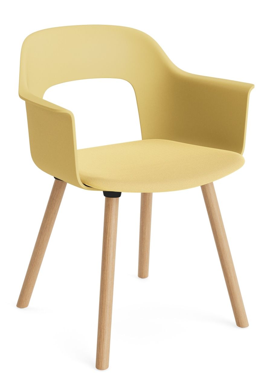 Gelber Hay Layout Armchair 223 Armlehnstuhl mit Holzbeinen, moderner Designstuhl für Esszimmer und Wohnbereich.