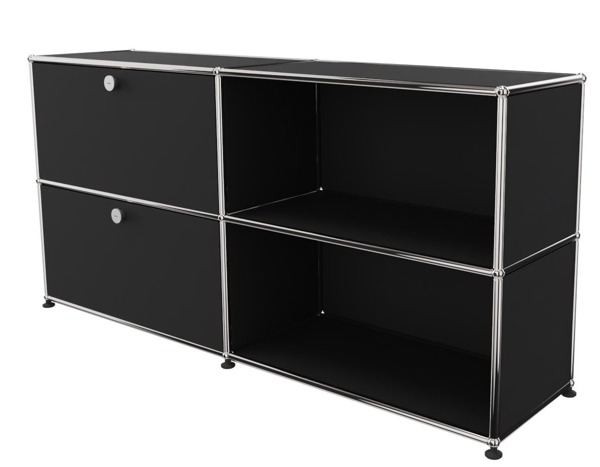 USM Haller Sideboard in Graphitschwarz mit zwei offenen Fächern und zwei Klappen links.