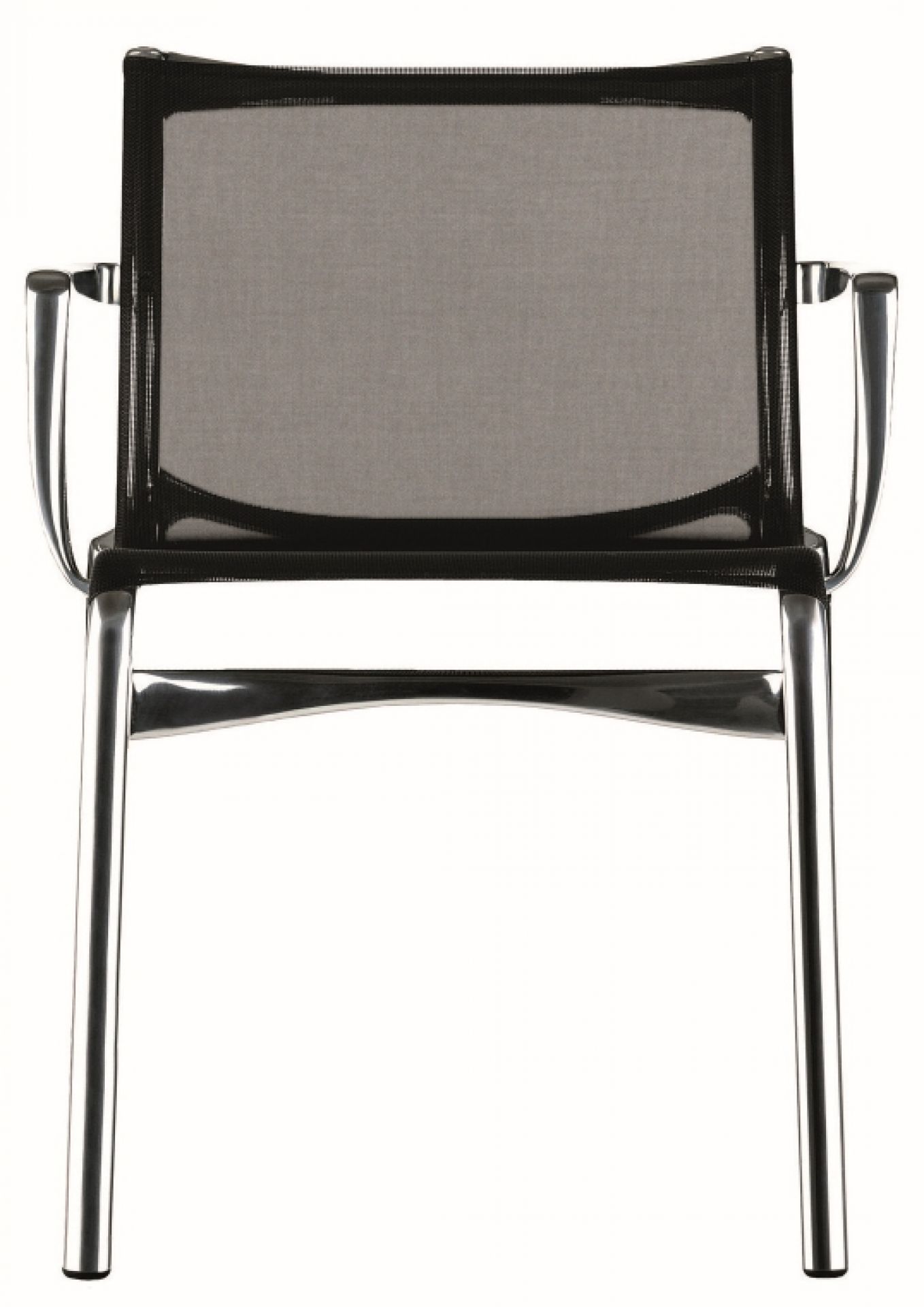 Frame Stuhl mit Armlehnen, Alias Design, Stahlgestell und schwarzer Netzbespannung, Ansicht von vorne.