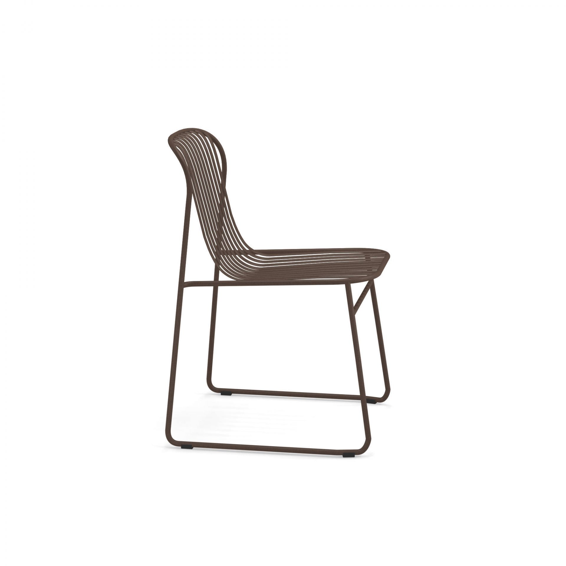 Riviera Stuhl Emu, brauner Metallstuhl für den Garten, minimalistisches Design, Seitenansicht.