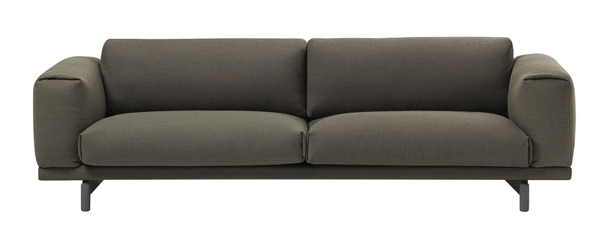 Muuto Rest Sofa, modernes 3-Sitzer Sofa in olivgrünem Stoffbezug mit minimalistischem Design für Wohnzimmer.