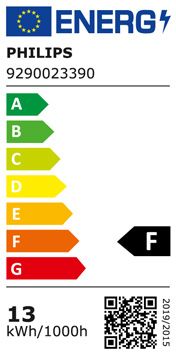 Energielabel der LED Stehleuchte mit Energieeffizienzklasse F und einem jährlichen Energieverbrauch von 13 kWh.