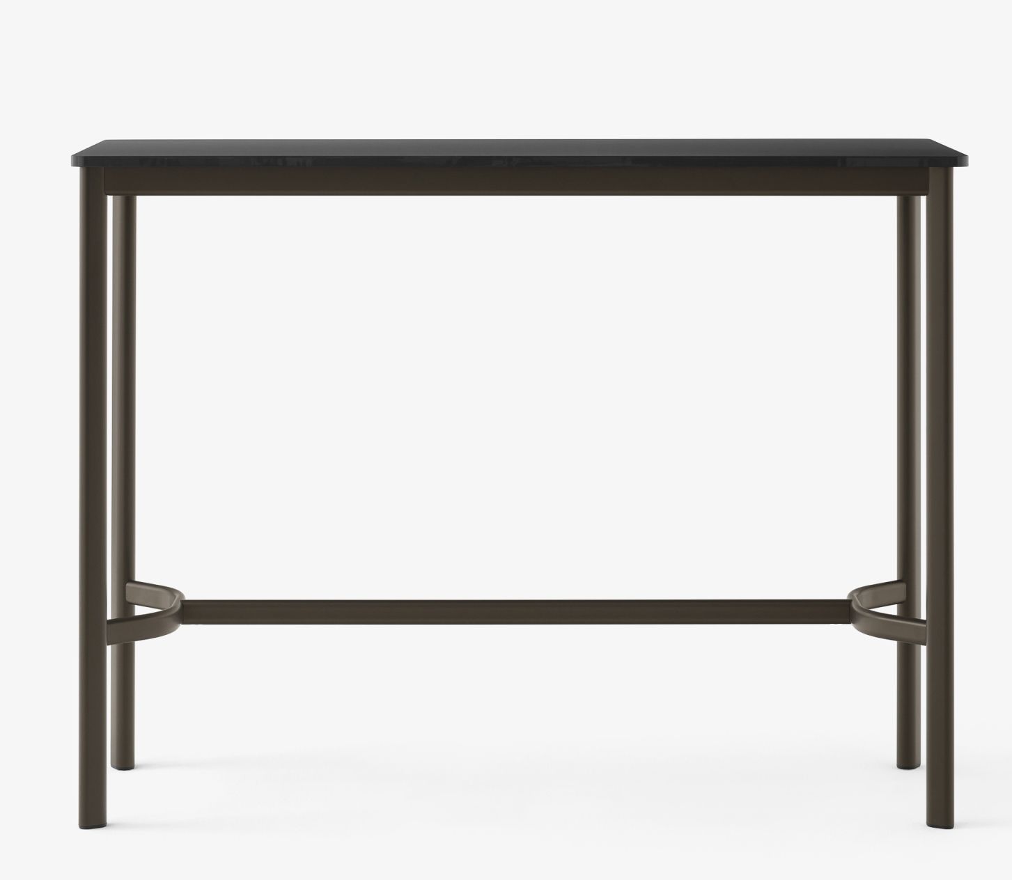 AndTradition Drip High Table Stehtisch mit dunkler Tischplatte und braunem Metallgestell für moderne Einrichtung.